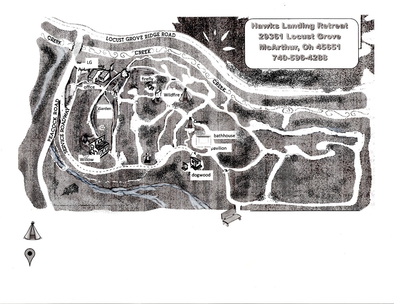 Hawks Landing Retreat Center - Overview Map w/trails and 50 acre view